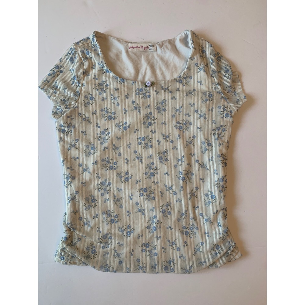 Popular 21 Girls Blue Floral Mesh Ribbed Top Short Sleeve Cream Size M 10/12‎
